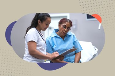 woman wearing blue shirt discussing health concerns with doctor holding clipboard taking notes