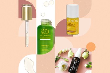 A collage of the best vitamin e oils on a colorful pink background.