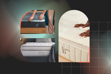 a collage of three mattresses on a black and mint green mixed media background, to represent Black Friday mattress deals