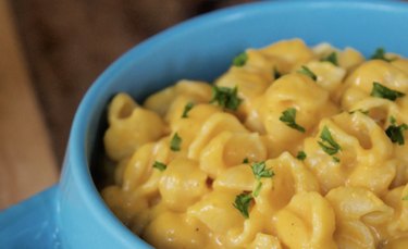 A close up of crockpot express pumpkin mac n cheese